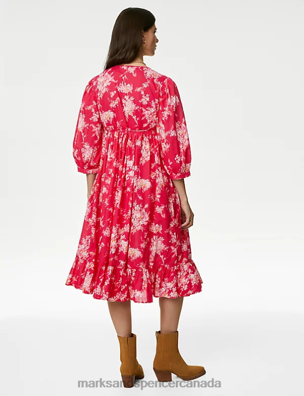 Marks and Spencer sale - Women Pink Mix Clothing Marks & Spencer Pure Cotton Printed V-Neck Midi Smock Dress 20VTD27