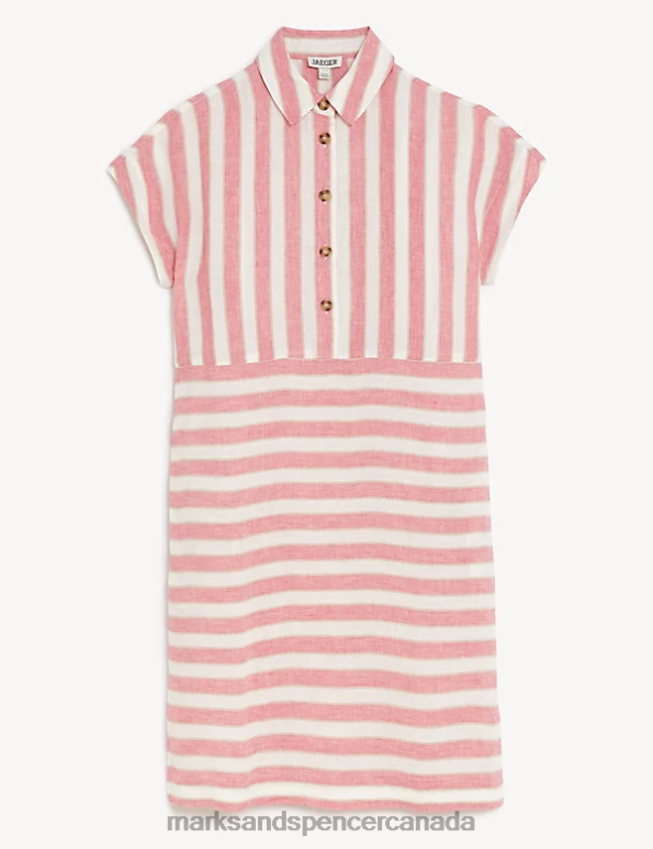 Women Pink Mix Clothing Marks & Spencer Pure Linen Striped Knee Length Shift Dress 20VTD1852 - Marks and Spencer outlet