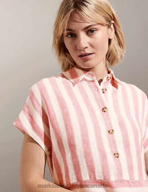 Women Pink Mix Clothing Marks & Spencer Pure Linen Striped Knee Length Shift Dress 20VTD1852 - Marks and Spencer outlet