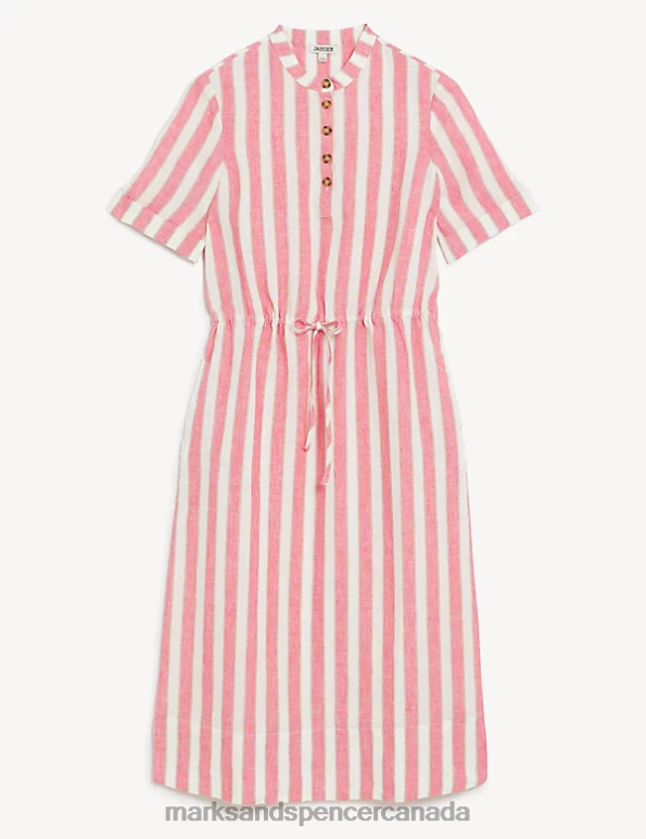 Women Pink Mix Clothing Marks & Spencer Pure Linen Striped Midi Waisted Dress 20VTD679 - Marks and Spencer Canada locations