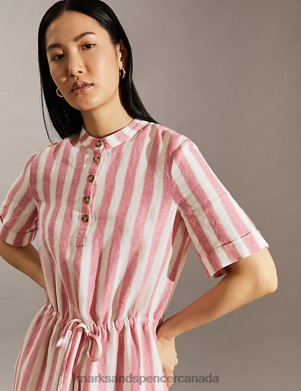 Women Pink Mix Clothing Marks & Spencer Pure Linen Striped Midi Waisted Dress 20VTD679 - Marks and Spencer Canada locations