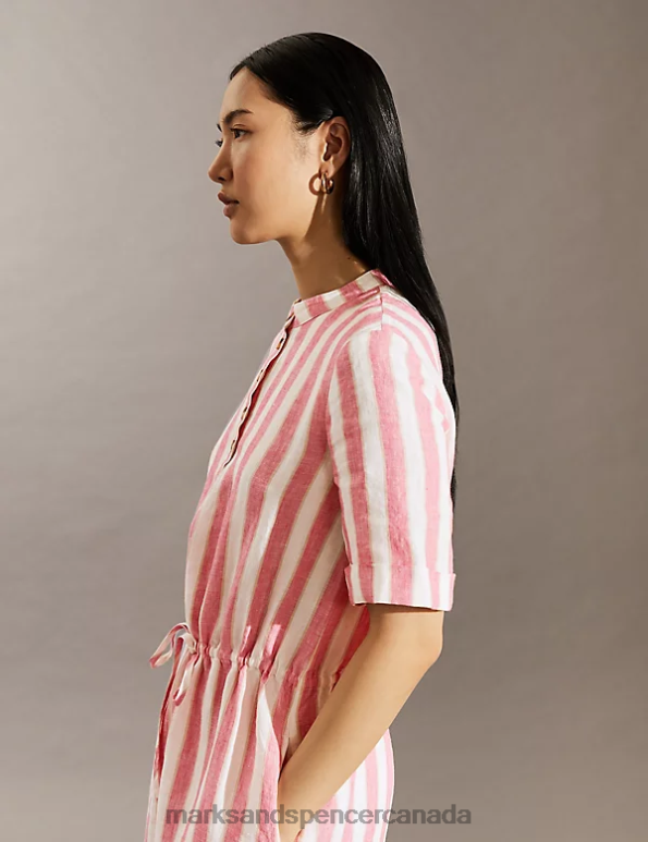 Women Pink Mix Clothing Marks & Spencer Pure Linen Striped Midi Waisted Dress 20VTD679 - Marks and Spencer Canada locations