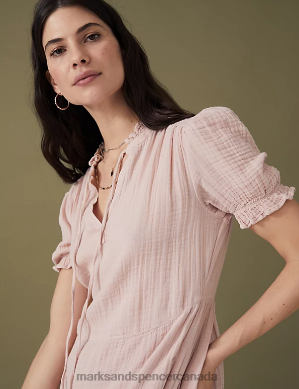 Marks and Spencer near me - Women Pink Shell Clothing Marks & Spencer Pure Cotton Tie Neck Midi Tiered Dress 20VTD628