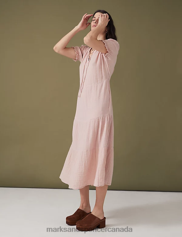 Marks and Spencer near me - Women Pink Shell Clothing Marks & Spencer Pure Cotton Tie Neck Midi Tiered Dress 20VTD628