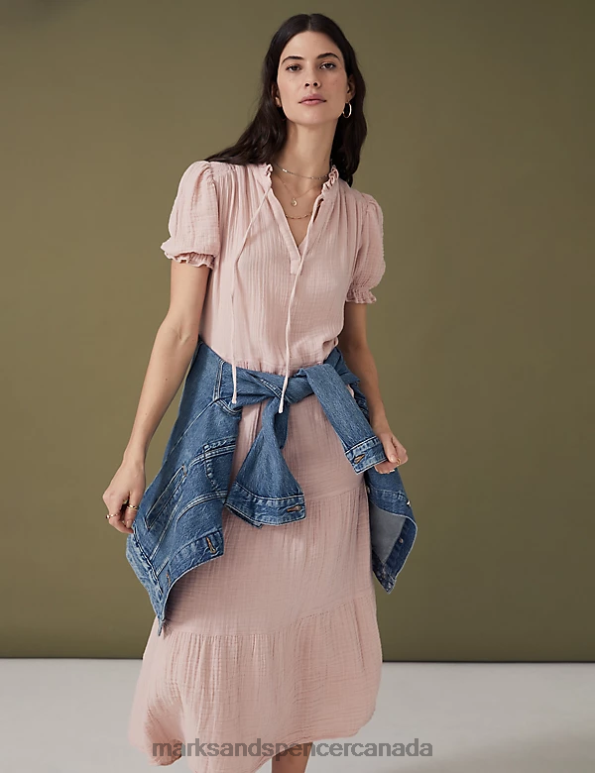 Marks and Spencer near me - Women Pink Shell Clothing Marks & Spencer Pure Cotton Tie Neck Midi Tiered Dress 20VTD628