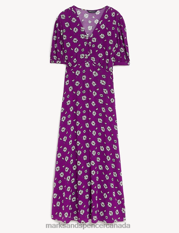 Marks and Spencer near me - Women Purple Mix Clothing Marks & Spencer Floral V-Neck Tie Waist Midi Tea Dress 20VTD1369
