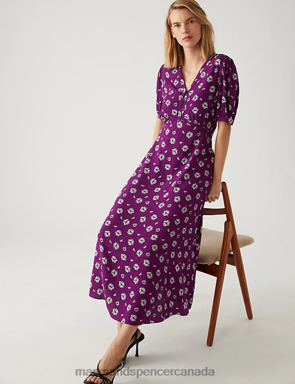 Marks and Spencer near me - Women Purple Mix Clothing Marks & Spencer Floral V-Neck Tie Waist Midi Tea Dress 20VTD1369
