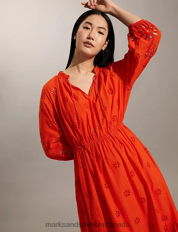 Women Red Clothing Marks & Spencer Pure Cotton Broderie Tie Neck Midi Dress 20VTD2074 - Marks and Spencer online