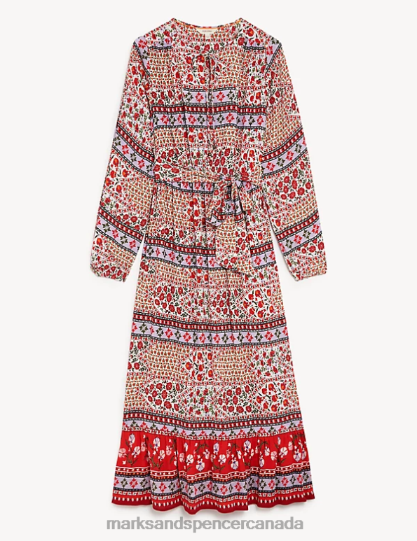 Marks and Spencer sale - Women Red Mix Clothing Marks & Spencer Floral Tie Neck Belted Midaxi Waisted Dress 20VTD1628