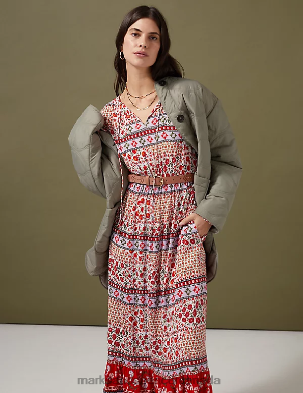Marks and Spencer sale - Women Red Mix Clothing Marks & Spencer Floral Tie Neck Belted Midaxi Waisted Dress 20VTD1628