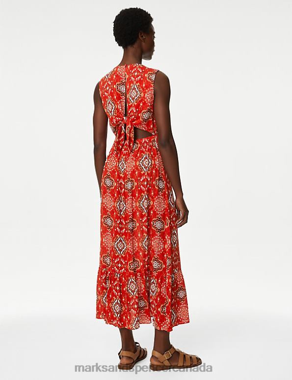Women Red Mix Clothing Marks & Spencer Printed V-Neck Midaxi Waisted Dress 20VTD175 - Marks and Spencer online