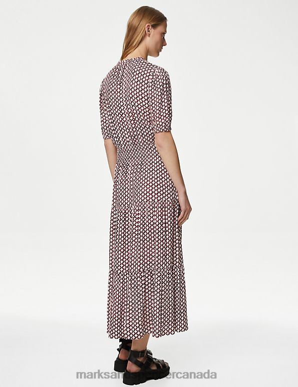 Women Red Mix Clothing Marks & Spencer Printed V-Neck Midi Waisted Dress 20VTD339 - Marks and Spencer online