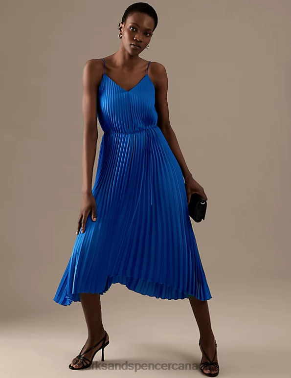 Marks and Spencer Canada - Women Royal Blue Clothing Marks & Spencer Plisse V-Neck Midi Slip Dress 20VTD3084