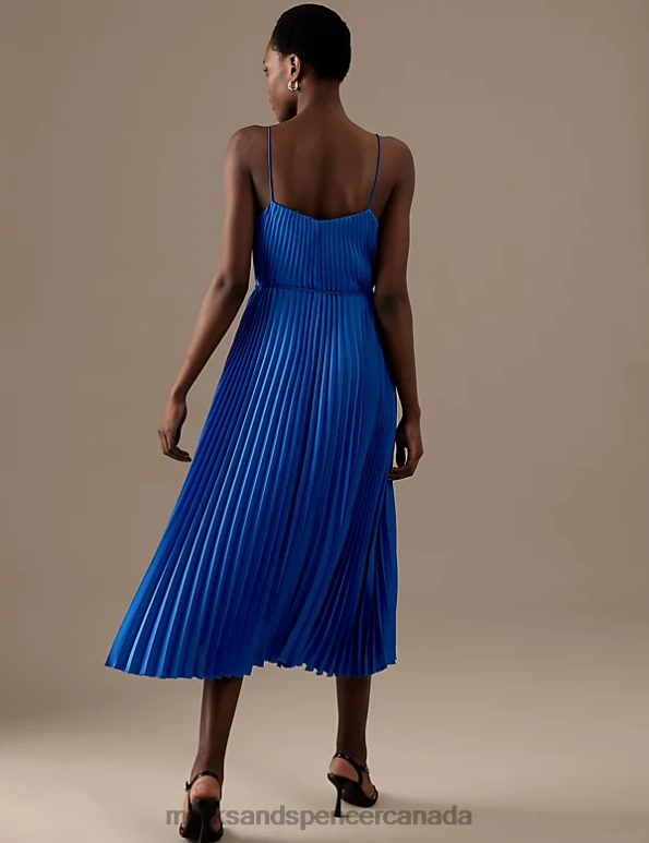 Marks and Spencer Canada - Women Royal Blue Clothing Marks & Spencer Plisse V-Neck Midi Slip Dress 20VTD3084