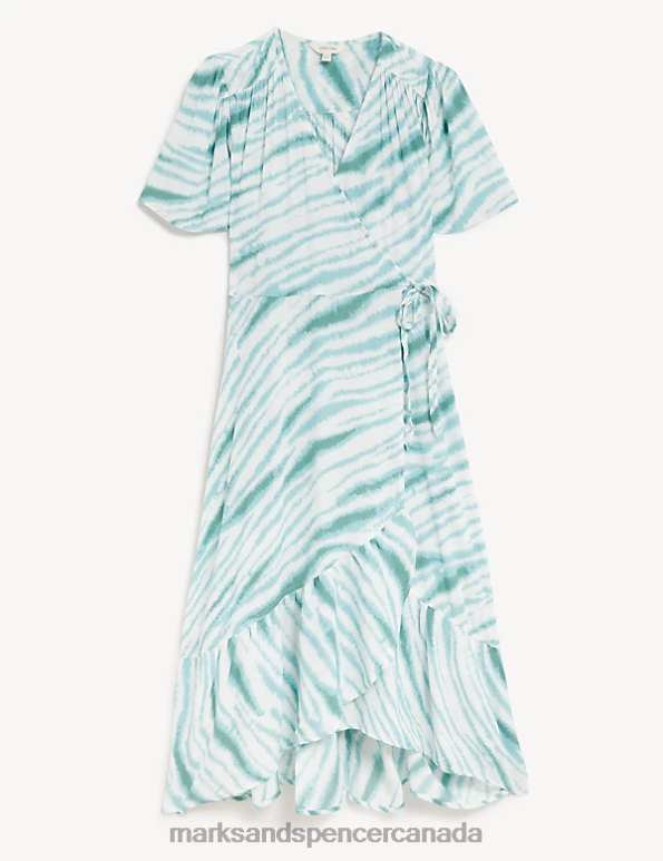 Marks and Spencer Canada - Women Sea Green Clothing Marks & Spencer Printed V-Neck Midi Wrap Dress 20VTD1025