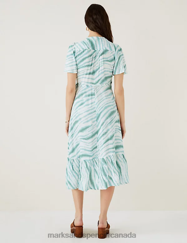 Marks and Spencer Canada - Women Sea Green Clothing Marks & Spencer Printed V-Neck Midi Wrap Dress 20VTD1025