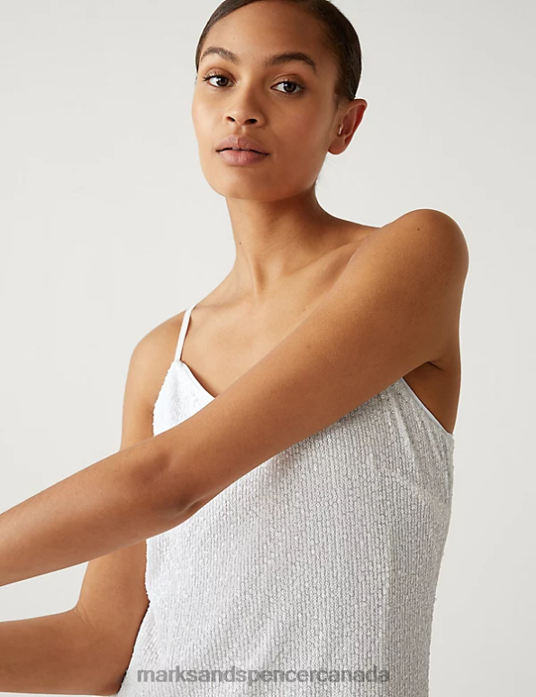 Marks and Spencer Canada - Women Silver Clothing Marks & Spencer Sequin V-Neck Strappy Midi Slip Dress 20VTD1165