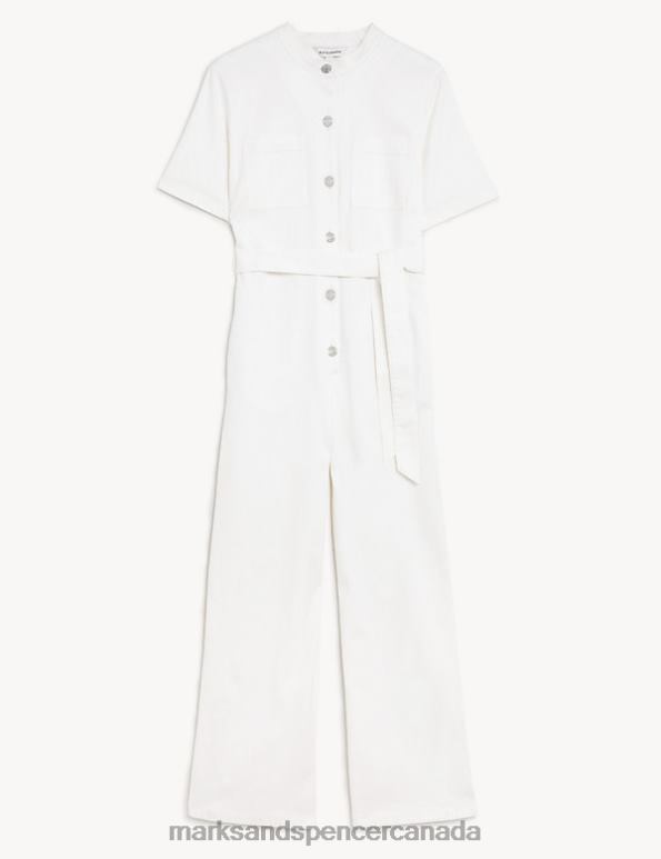 Marks and Spencer Canada - Women Soft White Clothing Marks & Spencer Denim Belted Short Sleeve Jumpsuit 20VTD1226
