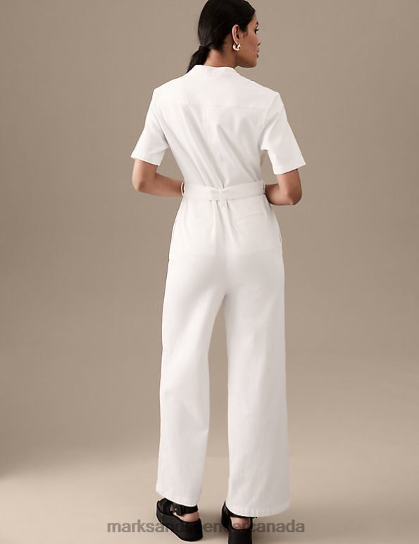 Marks and Spencer Canada - Women Soft White Clothing Marks & Spencer Denim Belted Short Sleeve Jumpsuit 20VTD1226