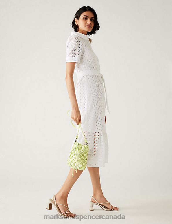Marks and Spencer Canada - Women Soft White Clothing Marks & Spencer Pure Cotton Broderie Belted Midi Shirt Dress 20VTD265