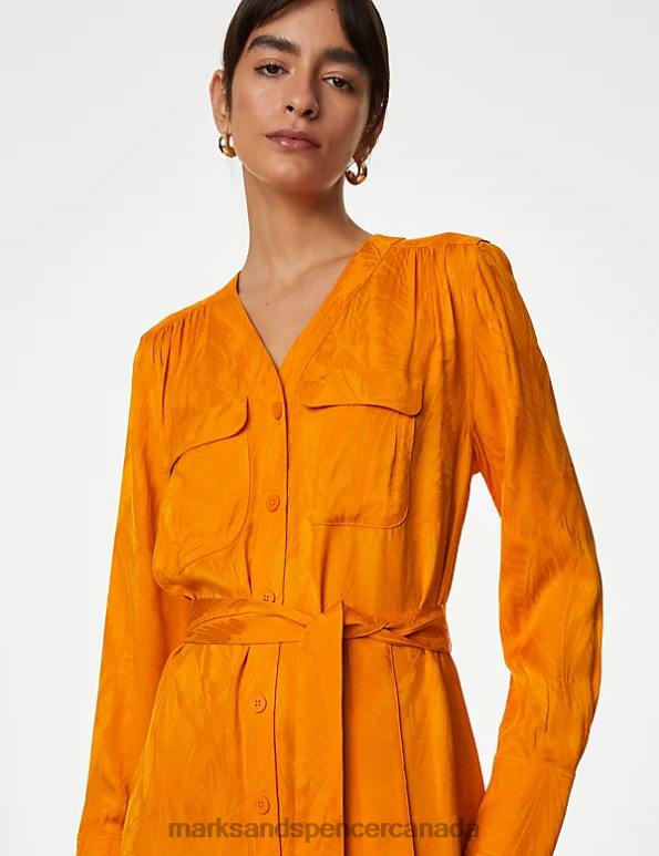 Women Tangerine Clothing Marks & Spencer Floral Jacquard V-Neck Midi Shirt Dress 20VTD564 - Marks and Spencer online