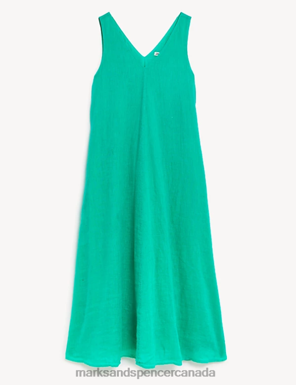 Women Teal Clothing Marks & Spencer Pure Linen V-Neck Midi Smock Dress 20VTD2109 - Marks and Spencer outlet
