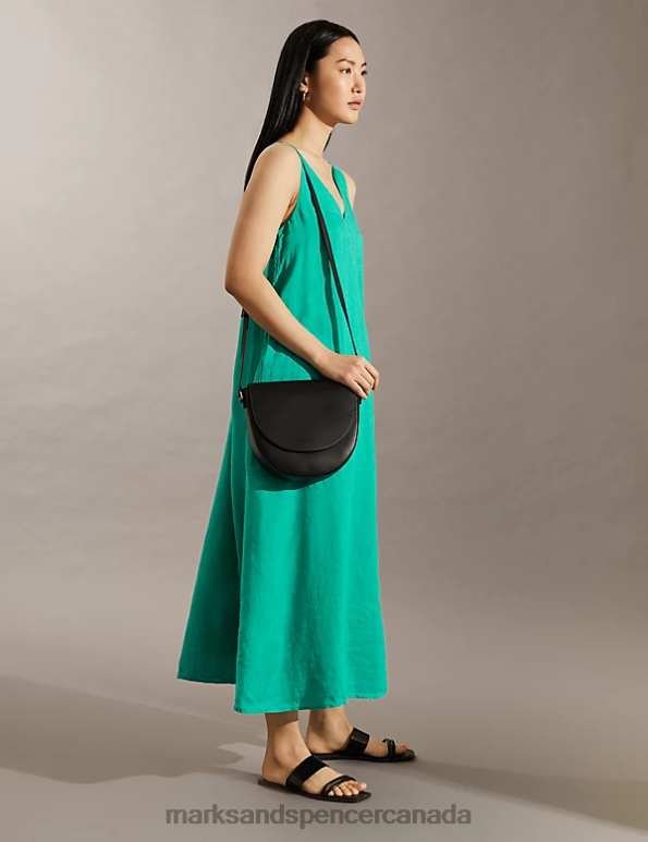 Women Teal Clothing Marks & Spencer Pure Linen V-Neck Midi Smock Dress 20VTD2109 - Marks and Spencer outlet