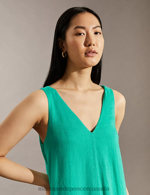 Women Teal Clothing Marks & Spencer Pure Linen V-Neck Midi Smock Dress 20VTD2109 - Marks and Spencer outlet