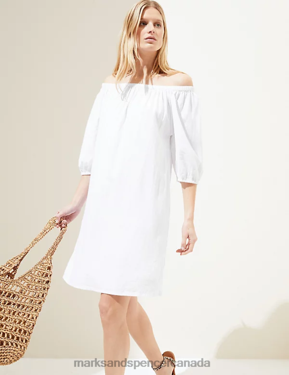 Marks and Spencer near me - Women White Clothing Marks & Spencer Linen Rich Bardot Knee Length Shift Dress 20VTD2982