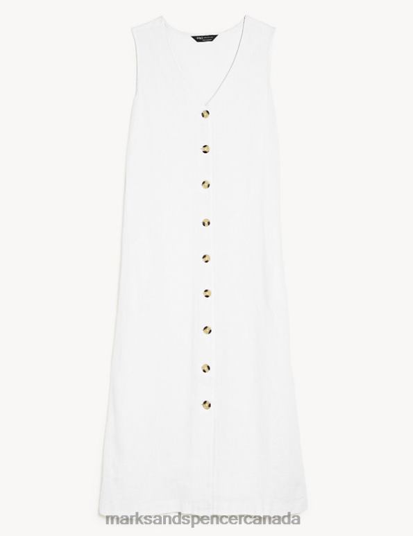 Women White Clothing Marks & Spencer Linen Rich V-Neck Button Through Midi Dress 20VTD1841 - Marks and Spencer online