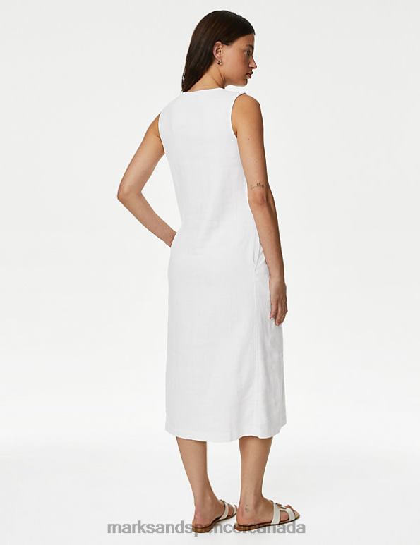 Women White Clothing Marks & Spencer Linen Rich V-Neck Button Through Midi Dress 20VTD1841 - Marks and Spencer online