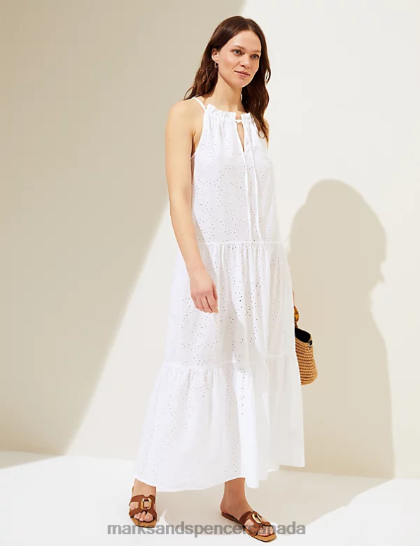 Marks and Spencer Canada - Women White Clothing Marks & Spencer Pure Cotton Cutwork Midaxi Beach Dress 20VTD1329