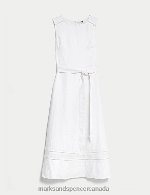 Women White Clothing Marks & Spencer Pure Linen Tie Waist Midi Skater Dress 20VTD372 - Marks and Spencer Canada locations