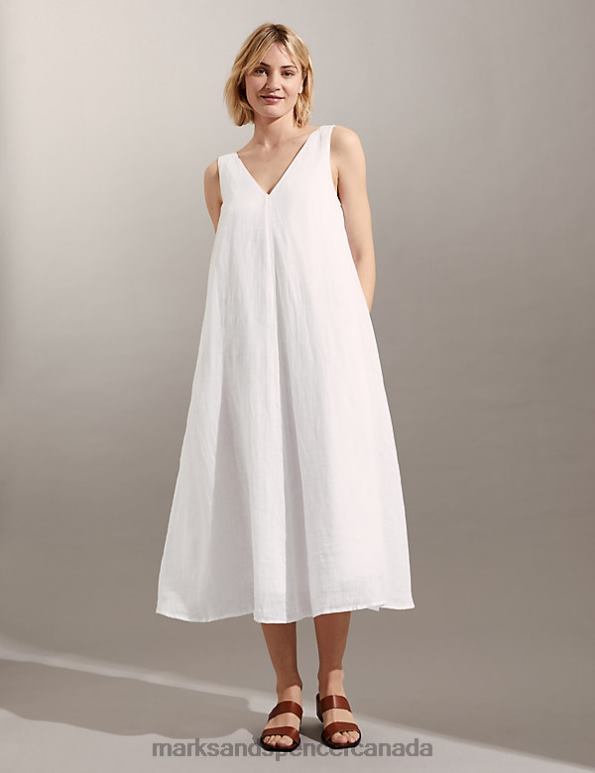 Women White Clothing Marks & Spencer Pure Linen V-Neck Maxi Relaxed Dress 20VTD1703 - Marks and Spencer outlet