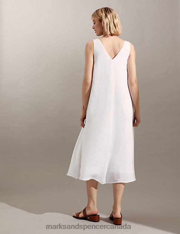 Women White Clothing Marks & Spencer Pure Linen V-Neck Maxi Relaxed Dress 20VTD1703 - Marks and Spencer outlet