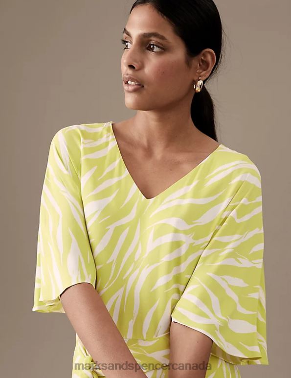 Marks and Spencer Canada - Women White Mix Clothing Marks & Spencer Printed V-Neck Midaxi Waisted Dress 20VTD279