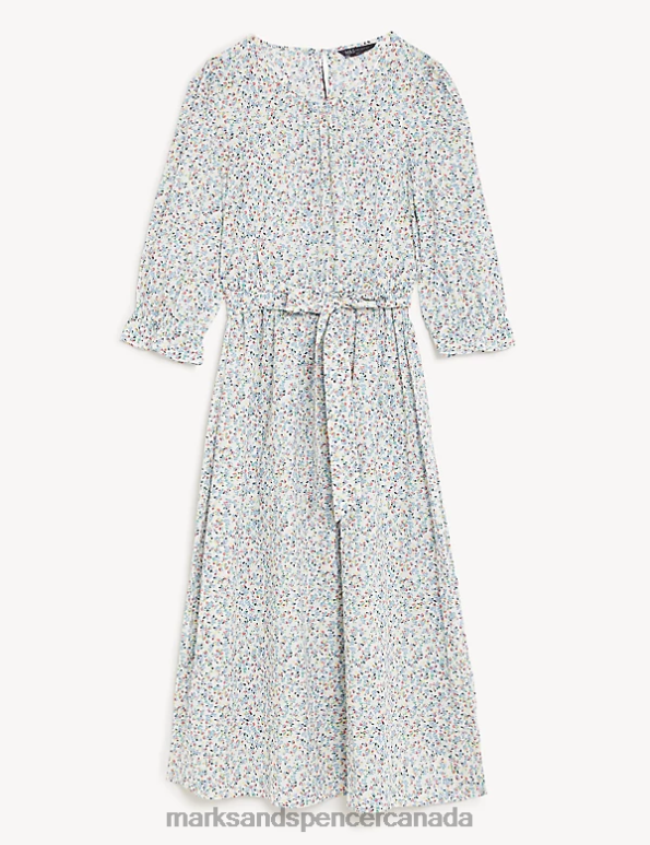 Marks and Spencer Canada - Women White Mix Clothing Marks & Spencer Pure Cotton Floral Midi Waisted Dress 20VTD745