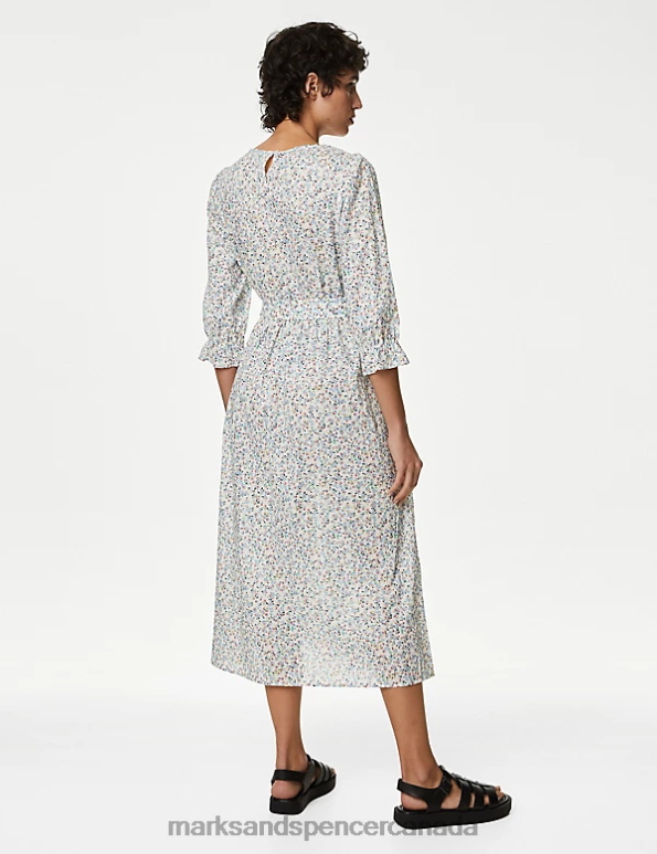 Marks and Spencer Canada - Women White Mix Clothing Marks & Spencer Pure Cotton Floral Midi Waisted Dress 20VTD745
