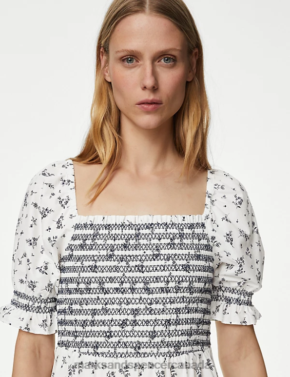 Marks and Spencer near me - Women White Mix Clothing Marks & Spencer Pure Cotton Printed Square Neck Midi Dress 20VTD1817