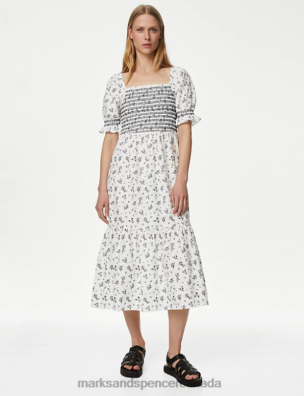 Marks and Spencer near me - Women White Mix Clothing Marks & Spencer Pure Cotton Printed Square Neck Midi Dress 20VTD1817