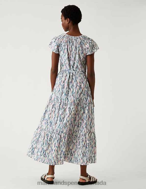Marks and Spencer Canada - Women White Mix Clothing Marks & Spencer Pure Cotton Printed V-Neck Midaxi Dress 20VTD209