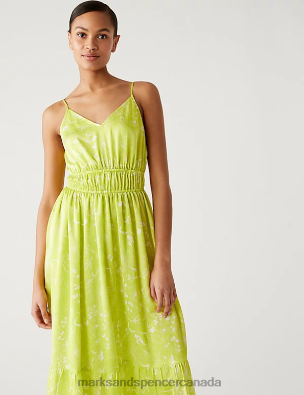Women Yellow Mix Clothing Marks & Spencer Printed V-Neck Midaxi Waisted Dress 20VTD2627 - Marks and Spencer Canada locations