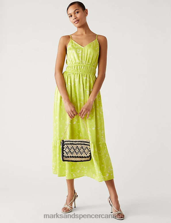 Women Yellow Mix Clothing Marks & Spencer Printed V-Neck Midaxi Waisted Dress 20VTD2627 - Marks and Spencer Canada locations