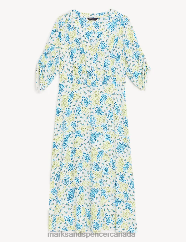Marks and Spencer sale - Women Yellow Mix Clothing Marks & Spencer Printed V-Neck Shirred Midi Tea Dress 20VTD795