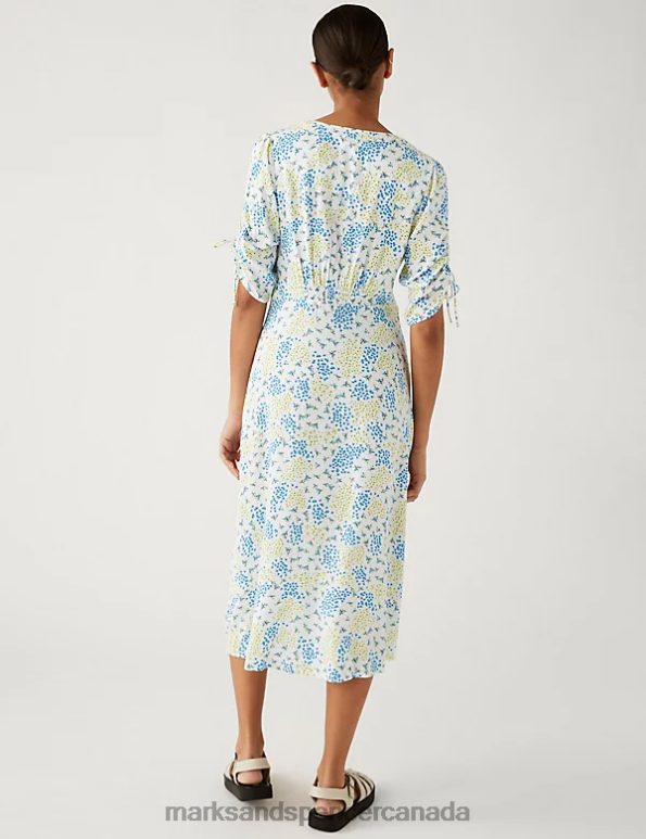 Marks and Spencer sale - Women Yellow Mix Clothing Marks & Spencer Printed V-Neck Shirred Midi Tea Dress 20VTD795