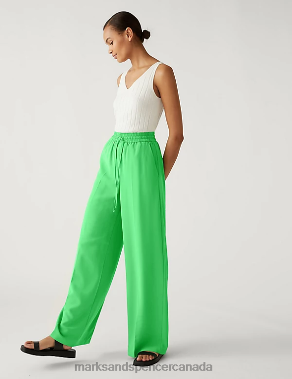 Marks and Spencer Canada - Women Acid Green Clothing Marks & Spencer Crepe Drawstring Wide Leg Trousers 20VTD1044