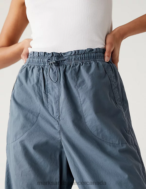 Women Air Force Blue Clothing Marks & Spencer Pure Cotton Cuffed Parachute Trousers 20VTD1622 - Marks and Spencer outlet