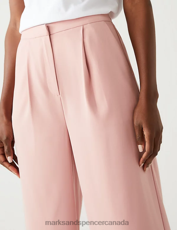 Women Antique Rose Clothing Marks & Spencer Satin Pleat Front Wide Leg Trousers 20VTD2633 - Marks and Spencer outlet