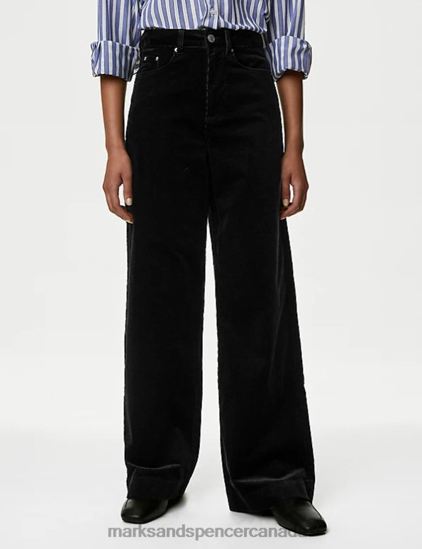 Women Black Clothing Marks & Spencer Cotton Rich Cord Wide Leg Trousers 20VTD2545 - Marks and Spencer outlet