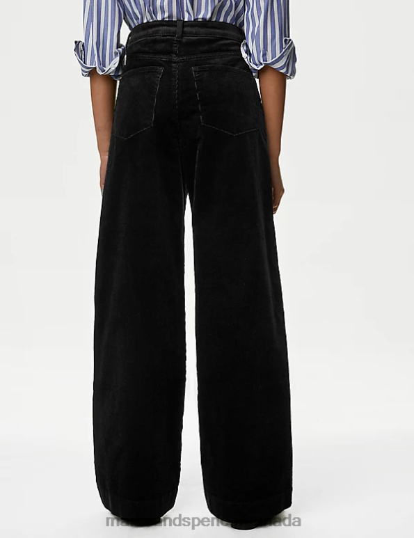 Women Black Clothing Marks & Spencer Cotton Rich Cord Wide Leg Trousers 20VTD2545 - Marks and Spencer outlet